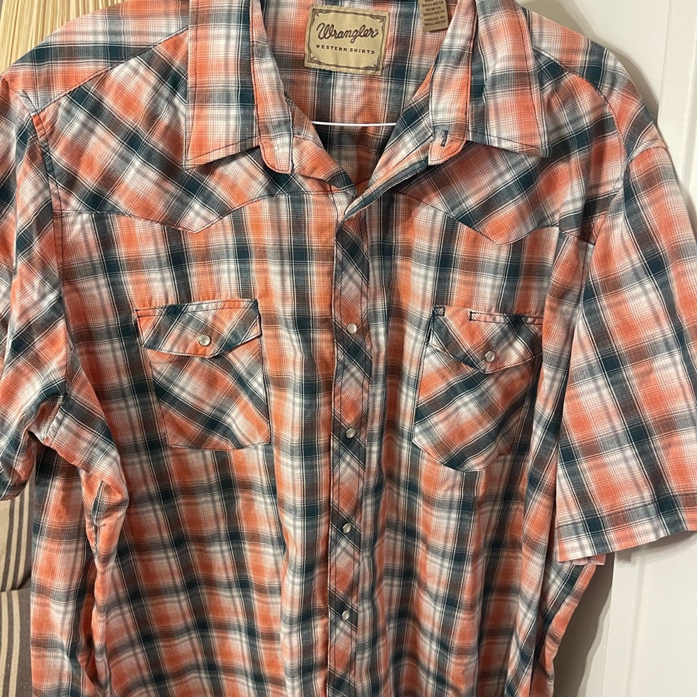 Wrangler Men's Orange and Blue Plaid Shirt